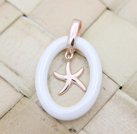925 Silver Pink Rose Gold Hawaiian Starfish Sea Star White Ceramic Oval Pendant