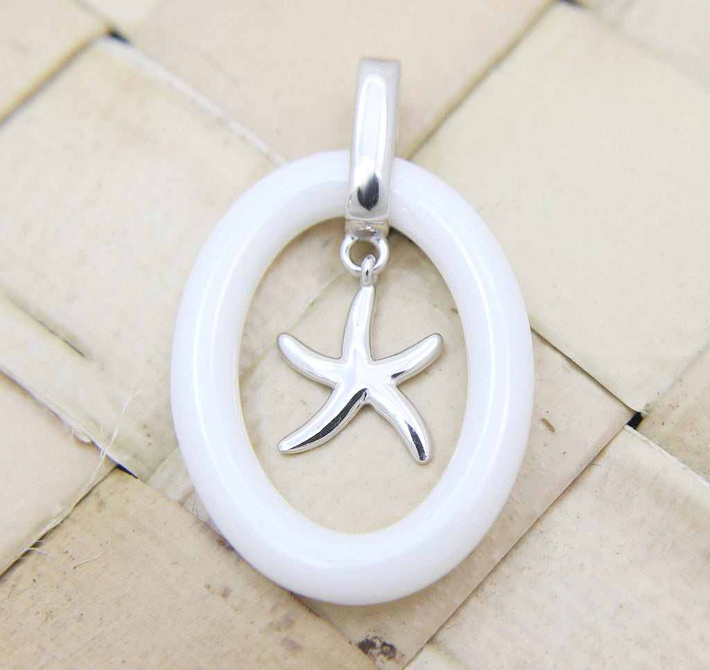 925 Sterling Silver Rhodium Hawaiian Starfish Star White Ceramic Oval Pendant