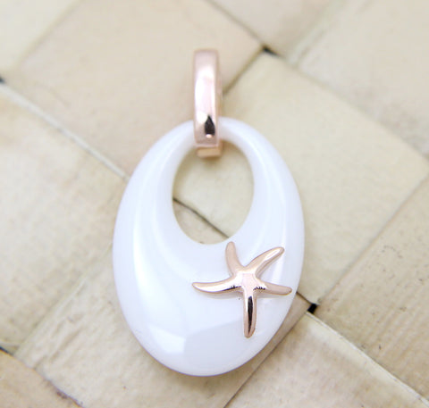 925 Silver Pink Rose Gold Hawaiian Starfish Sea Star White Ceramic Oval Pendant