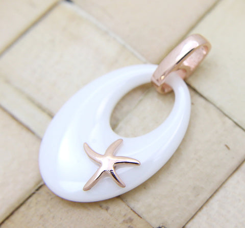 925 Silver Pink Rose Gold Hawaiian Starfish Sea Star White Ceramic Oval Pendant