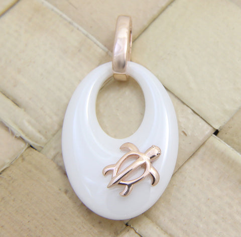 925 Silver Pink Rose Gold Hawaiian Honu Sea Turtle White Ceramic Oval Pendant