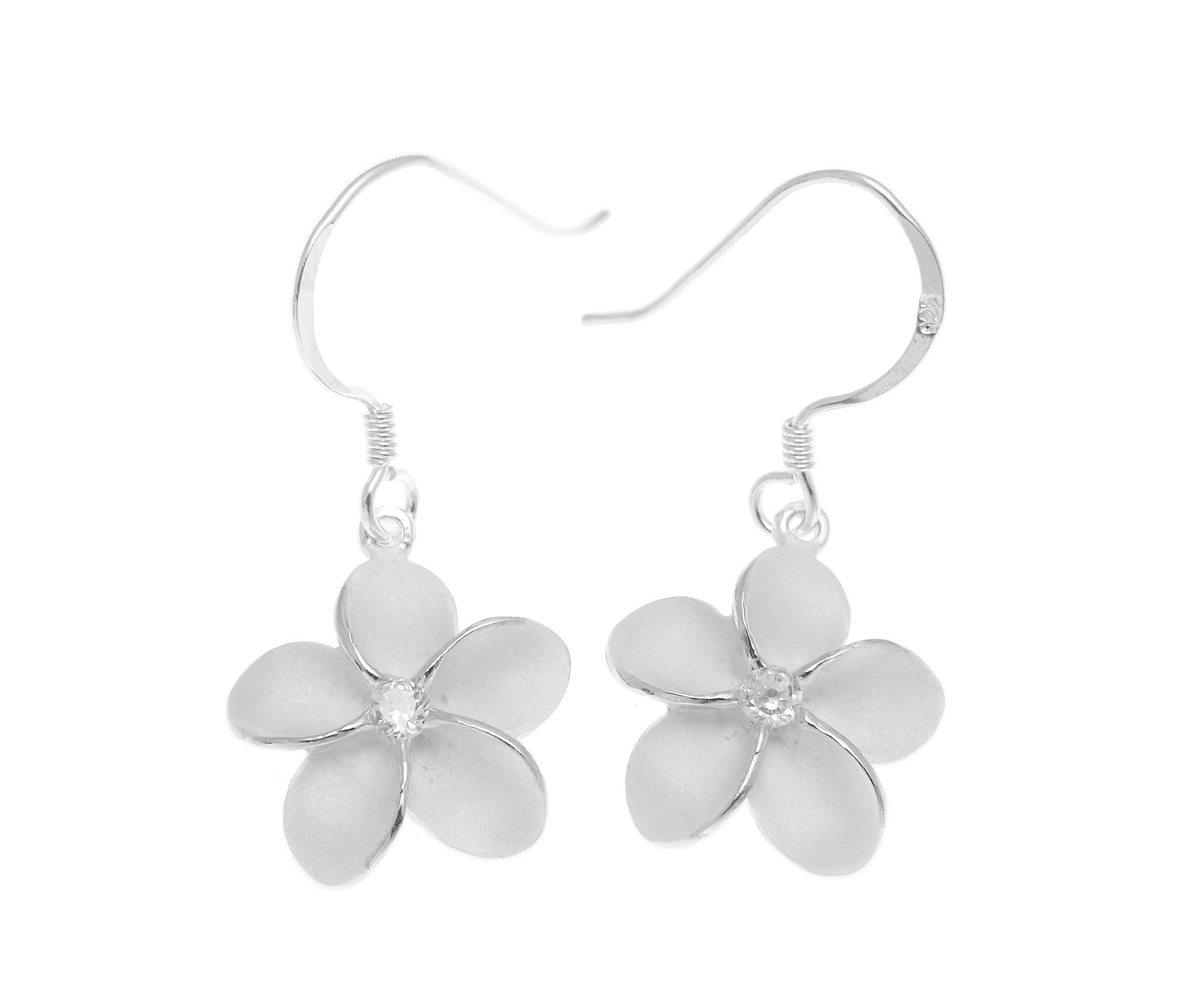 STERLING SILVER 925 HAWAIIAN PLUMERIA FLOWER EARRINGS HOOK WIRE CZ