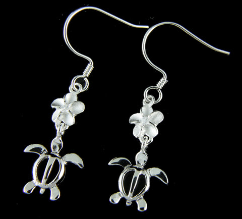 STERLING SILVER 925 HAWAIIAN PLUMERIA FLOWER DANGLING HONU TURTLE WIRE EARRINGS