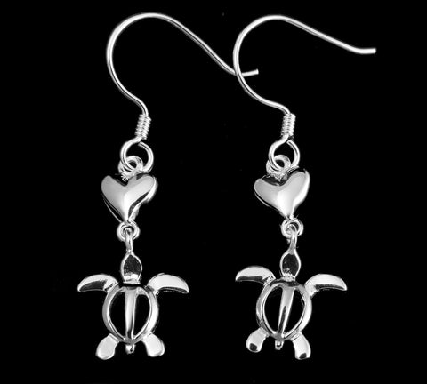 STERLING SILVER 925 HEART DANGLING HAWAIIAN HONU TURTLE WIRE HOOK EARRINGS