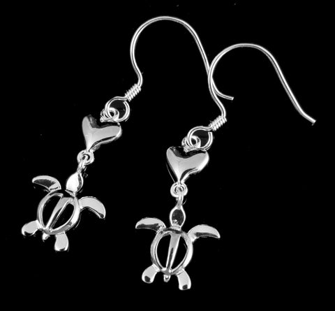 STERLING SILVER 925 HEART DANGLING HAWAIIAN HONU TURTLE WIRE HOOK EARRINGS