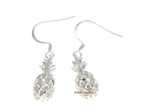 925 STERLING SILVER 3D HAWAIIAN PINEAPPLE DANGLING WIRE HOOK EARRINGS