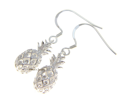 925 STERLING SILVER 3D HAWAIIAN PINEAPPLE DANGLING WIRE HOOK EARRINGS