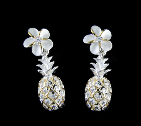 YELLOW GOLD PLATED SILVER 925 HAWAIIAN PLUMERIA DANGLE PINEAPPLE EARRINGS CZ