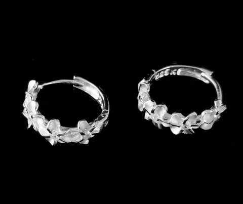 STERLING SILVER 925 HAWAIIAN 4 PLUMERIA FLOWER HOOP EARRINGS CLEAR CZ