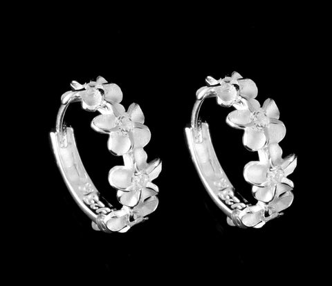 STERLING SILVER 925 HAWAIIAN 4 PLUMERIA FLOWER HOOP EARRINGS CLEAR CZ