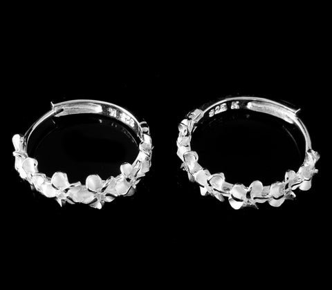 STERLING SILVER 925 6 HAWAIIAN PLUMERIA FLOWER HOOP EARRINGS CLEAR CZ