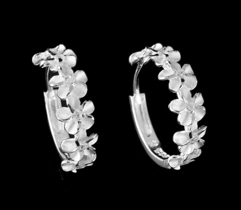 STERLING SILVER 925 6 HAWAIIAN PLUMERIA FLOWER HOOP EARRINGS CLEAR CZ