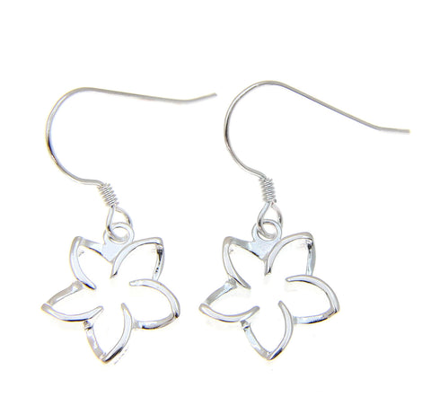 925 Sterling Silver Hawaiian Floating Outline Plumeria Flower Hook Wire Earrings