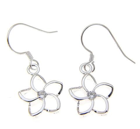 925 Silver Hawaiian Floating Outline CZ Plumeria Flower Hook Wire Earrings