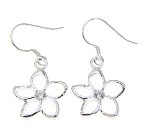 925 Silver Hawaiian Floating Outline CZ Plumeria Flower Hook Wire Earrings