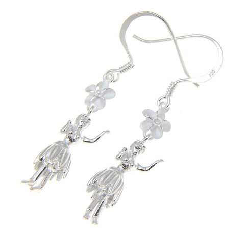 925 Sterling Silver Hawaiian Hula Girl Dancer Plumeria Flower Hook Wire Earrings