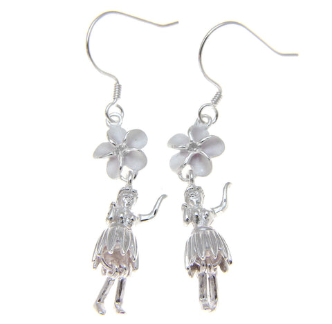 925 Sterling Silver Hawaiian Hula Girl Dancer Plumeria Flower Hook Wire Earrings