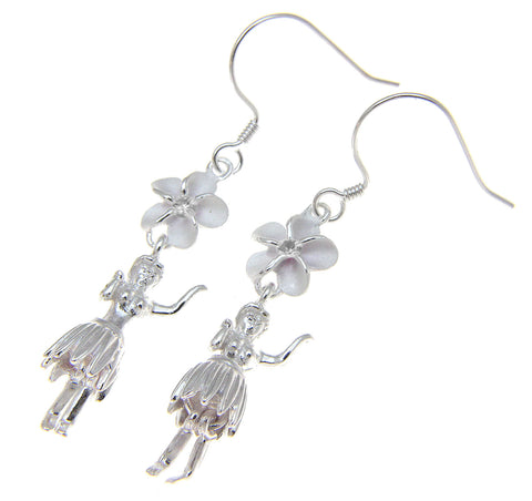 925 Sterling Silver Hawaiian Hula Girl Dancer Plumeria Flower Hook Wire Earrings