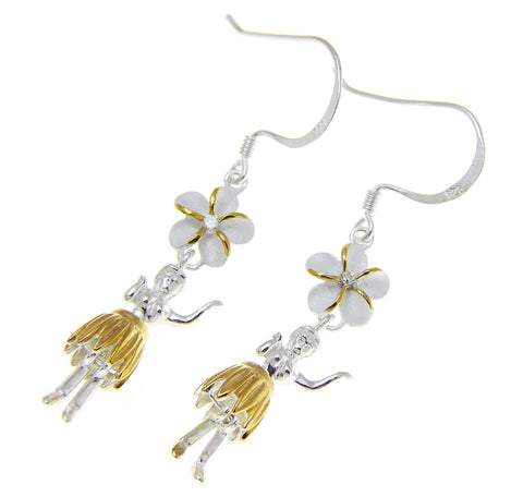 925 Silver Hawaiian Hula Girl 2 Tone Yellow Plumeria Flower Hook Wire Earrings