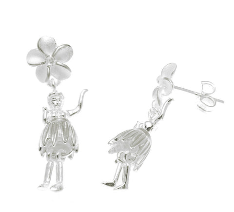 925 STERLING SILVER HAWAIIAN CZ PLUMERIA FLOWER HULA GIRL POST STUD EARRINGS