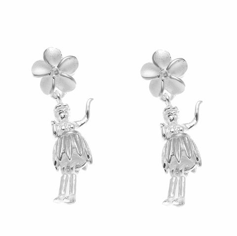 925 STERLING SILVER HAWAIIAN CZ PLUMERIA FLOWER HULA GIRL POST STUD EARRINGS