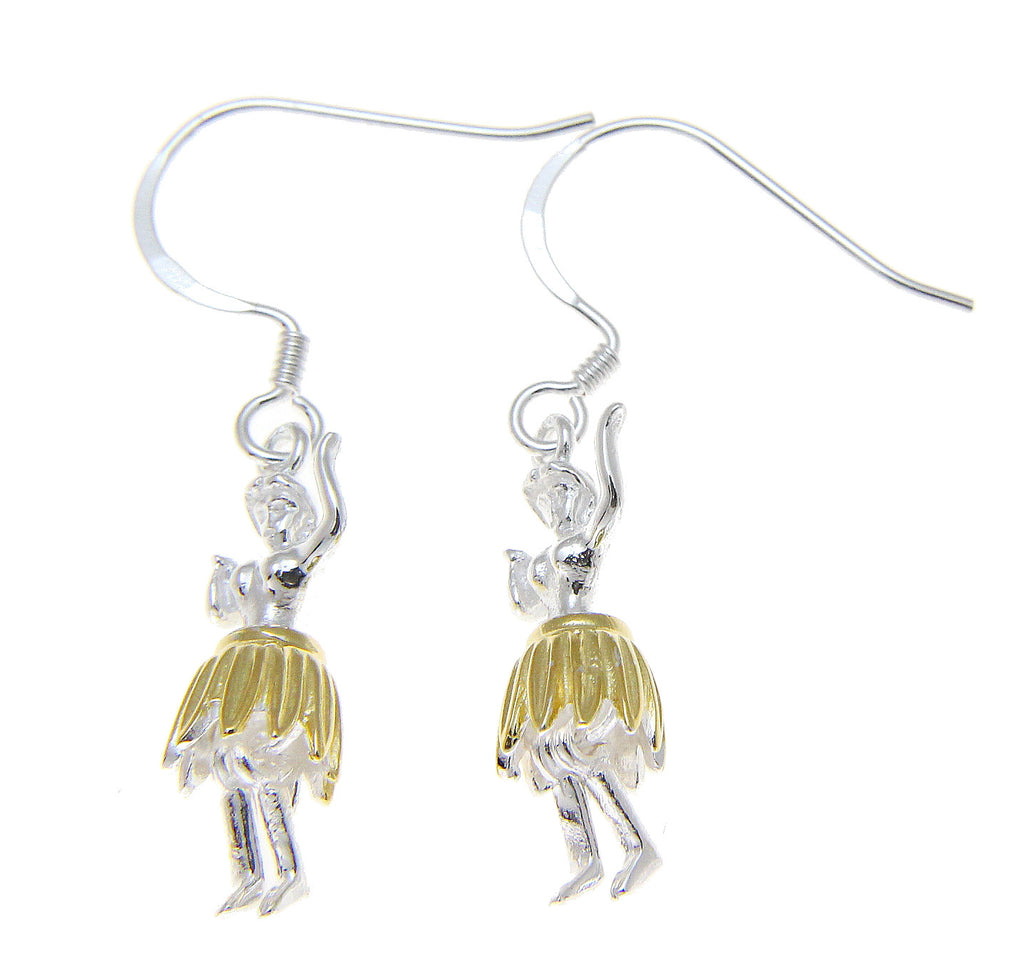 925 Sterling Silver Hawaiian Hula Girl Dancer 2T Yellow Gold Hook Wire Earrings