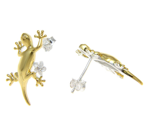 YELLOW GOLD STERLING SILVER 925 HAWAIIAN GECKO PLUMERIA FLOWER POST EARRINGS