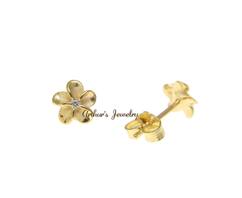 YELLOW GOLD ON STERLING SILVER 925 HAWAIIAN PLUMERIA FLOWER STUD EARRINGS CZ 6MM