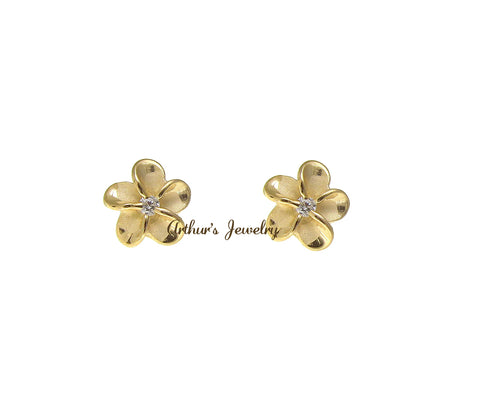 YELLOW GOLD ON STERLING SILVER 925 HAWAIIAN PLUMERIA FLOWER STUD EARRINGS CZ 6MM