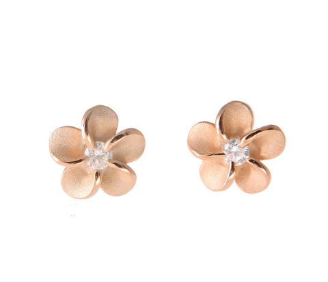 ROSE GOLD ON STERLING SILVER 925 HAWAIIAN PLUMERIA FLOWER STUD EARRINGS CZ 6MM