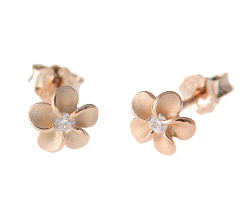 ROSE GOLD ON STERLING SILVER 925 HAWAIIAN PLUMERIA FLOWER STUD EARRINGS CZ 6MM