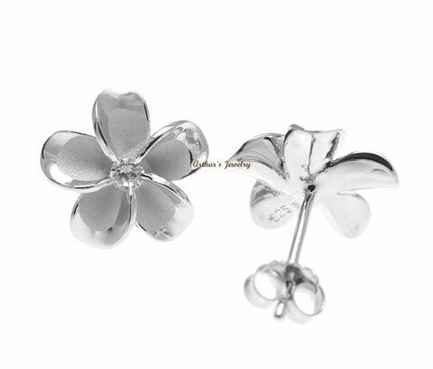 12MM STERLING SILVER 925 HAWAIIAN PLUMERIA FLOWER STUD POST EARRINGS RHODIUM