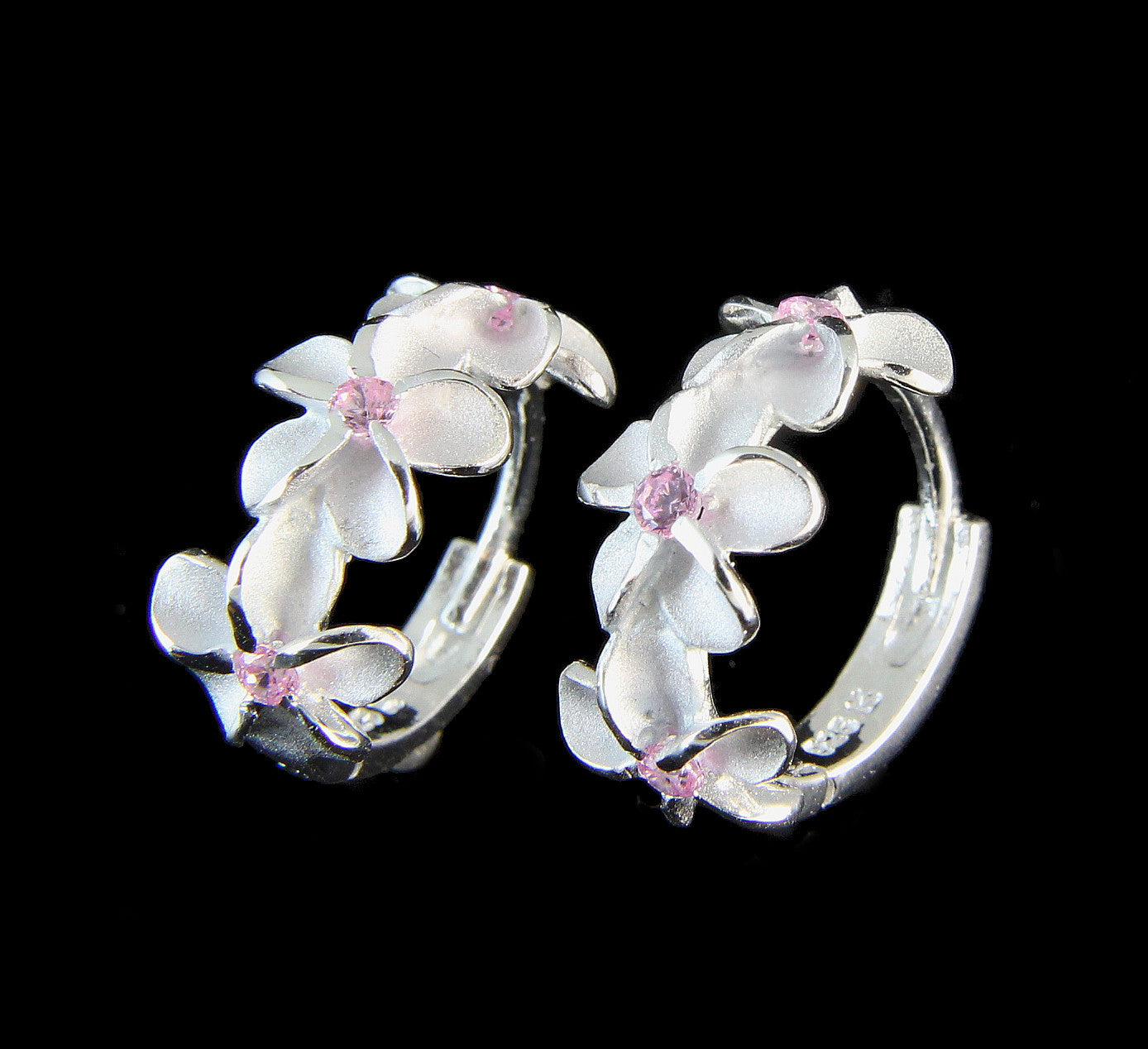 Pink Simulated Opal Plumeria Fishhook Earrings Sterling Silver 