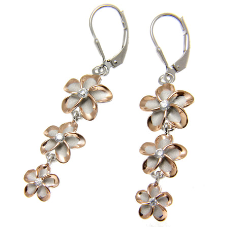 2 TONE ROSE GOLD SILVER 925 RHODIUM HAWAIIAN 3 PLUMERIA LEVERBACK EARRINGS CZ