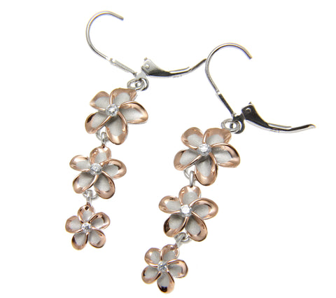 2 TONE ROSE GOLD SILVER 925 RHODIUM HAWAIIAN 3 PLUMERIA LEVERBACK EARRINGS CZ