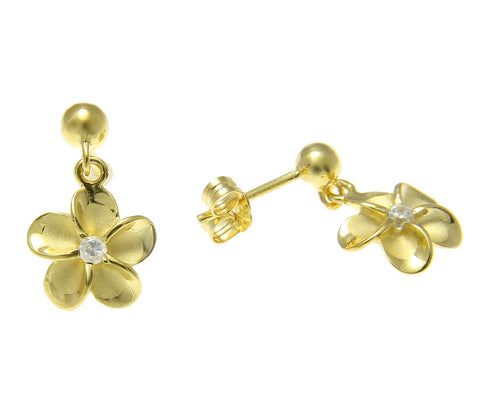 YELLOW GOLD SILVER 925 BALL DANGLE 10MM HAWAIIAN PLUMERIA FLOWER POST EARRINGS