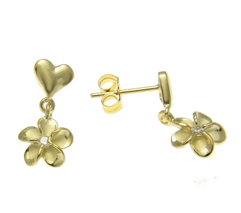 YELLOW GOLD STERLING SILVER 925 HEART DANGLE HAWAIIAN PLUMERIA FLOWER EARRINGS