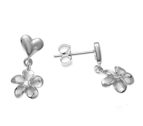 STERLING SILVER 925 RHODIUM HEART DANGLE HAWAIIAN PLUMERIA FLOWER EARRINGS