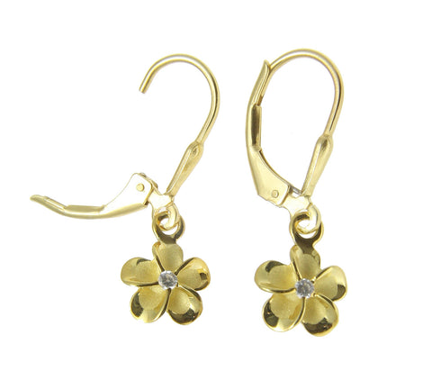 YELLOW GOLD ON SILVER 925 HAWAIIAN PLUMERIA FLOWER LEVERBACK EARRINGS 8MM -18MM