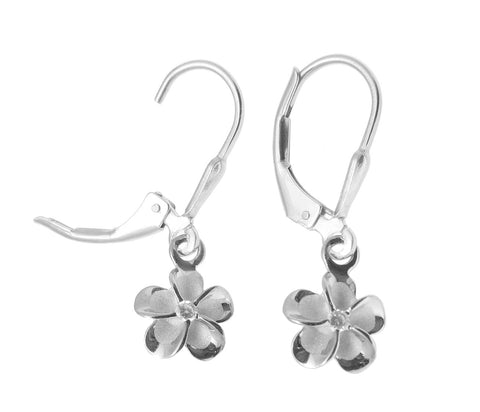 8MM STERLING SILVER 925 HAWAIIAN PLUMERIA FLOWER LEVERBACK EARRINGS RHODIUM