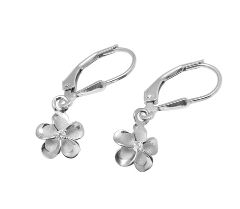 8MM STERLING SILVER 925 HAWAIIAN PLUMERIA FLOWER LEVERBACK EARRINGS RHODIUM