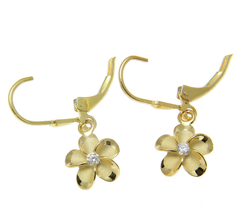 YELLOW GOLD ON SILVER 925 HAWAIIAN PLUMERIA FLOWER LEVERBACK EARRINGS 8MM -18MM