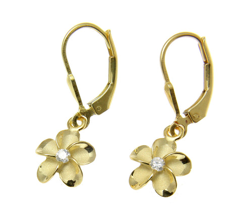 YELLOW GOLD ON SILVER 925 HAWAIIAN PLUMERIA FLOWER LEVERBACK EARRINGS 8MM -18MM