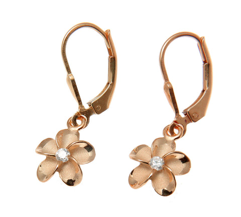 ROSE GOLD ON SILVER 925 HAWAIIAN PLUMERIA FLOWER LEVERBACK EARRINGS 8MM -18MM