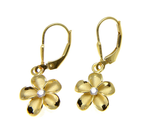 YELLOW GOLD ON SILVER 925 HAWAIIAN PLUMERIA FLOWER LEVERBACK EARRINGS 8MM -18MM