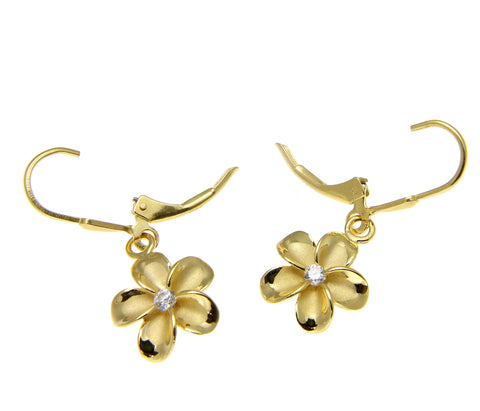 YELLOW GOLD ON SILVER 925 HAWAIIAN PLUMERIA FLOWER LEVERBACK EARRINGS 8MM -18MM