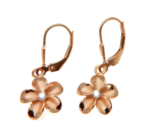 ROSE GOLD ON SILVER 925 HAWAIIAN PLUMERIA FLOWER LEVERBACK EARRINGS 8MM -18MM