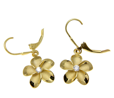 YELLOW GOLD ON SILVER 925 HAWAIIAN PLUMERIA FLOWER LEVERBACK EARRINGS 8MM -18MM