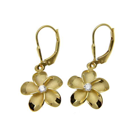 YELLOW GOLD ON SILVER 925 HAWAIIAN PLUMERIA FLOWER LEVERBACK EARRINGS 8MM -18MM