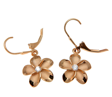 ROSE GOLD ON SILVER 925 HAWAIIAN PLUMERIA FLOWER LEVERBACK EARRINGS 8MM -18MM